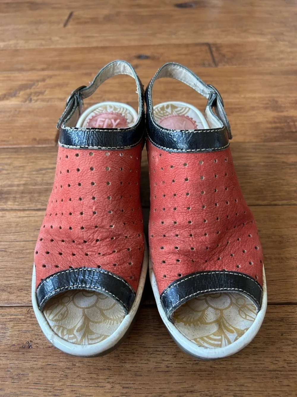 Fly London Yile Perforated Wedge Heel Sandals Red Black Size 36